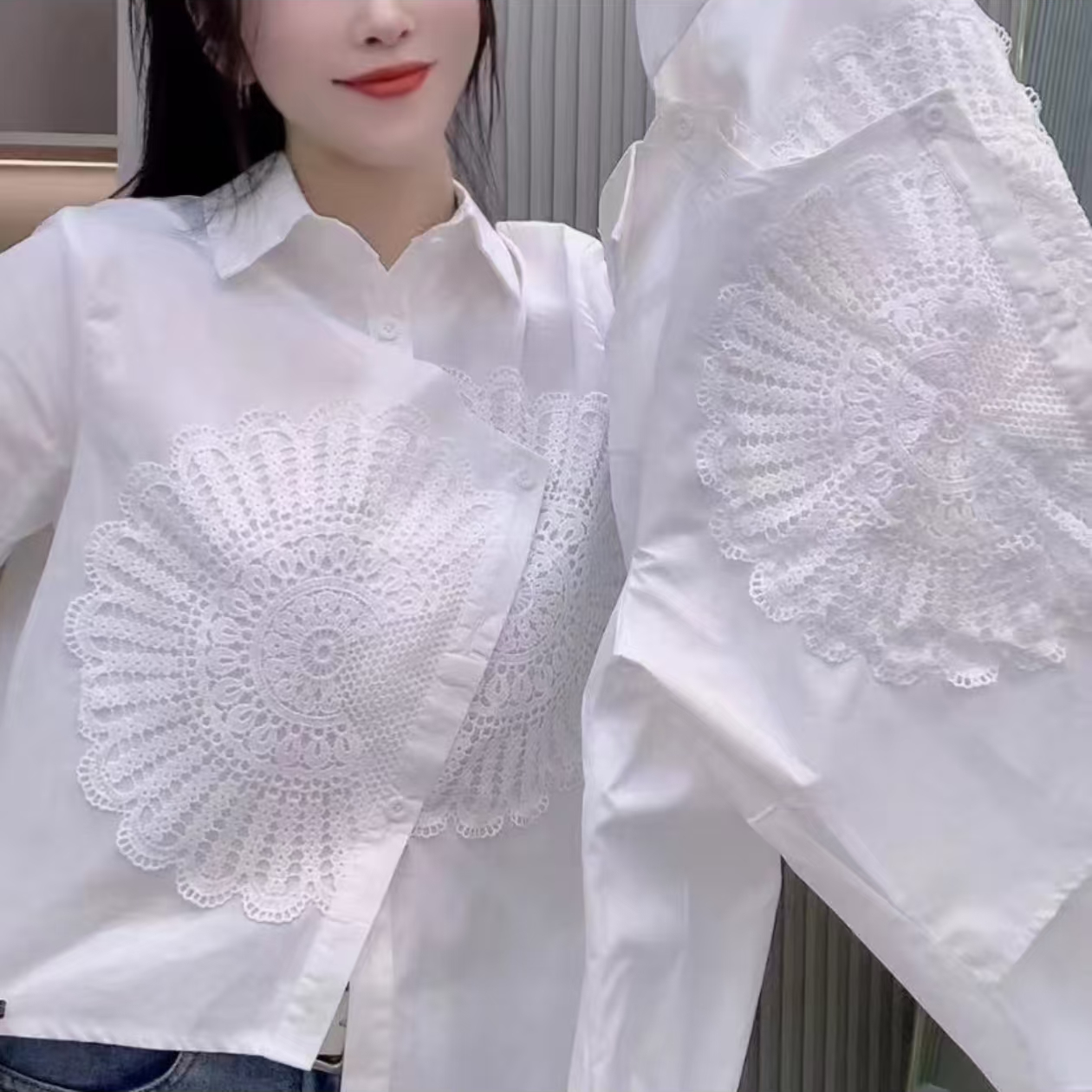 新款春季设计感重工钩花蕾丝拼接衬衫气质白色不规则下摆上衣