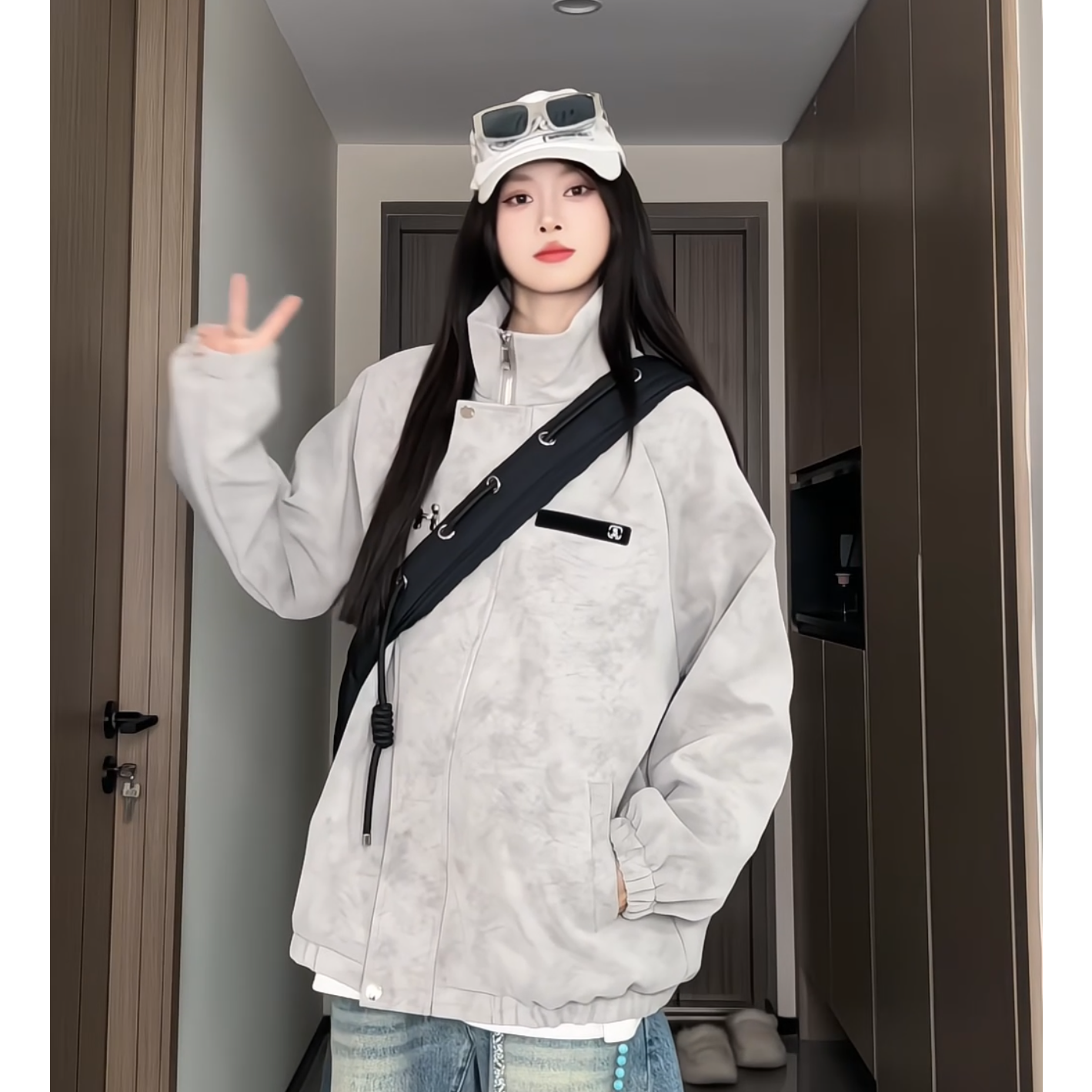 PLQV新款2025中式风扎染皮衣休闲夹克外套宽松情侣装百搭复古高街