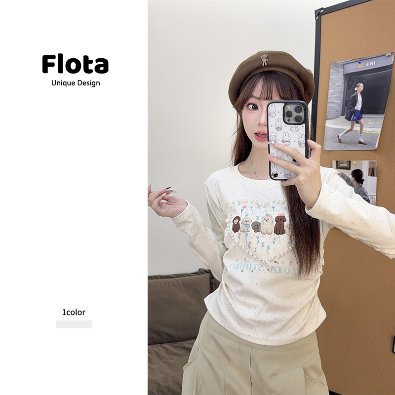 【flota】韩系减龄小狗印花爱心钉珠短款长袖修身显瘦百搭上衣2732