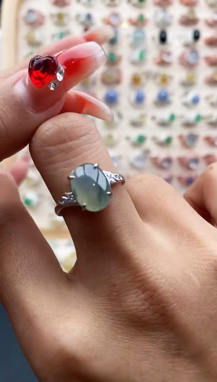 【闪购商品】翡翠戒指银S925镶嵌缅甸天然A货翡翠222 6+7