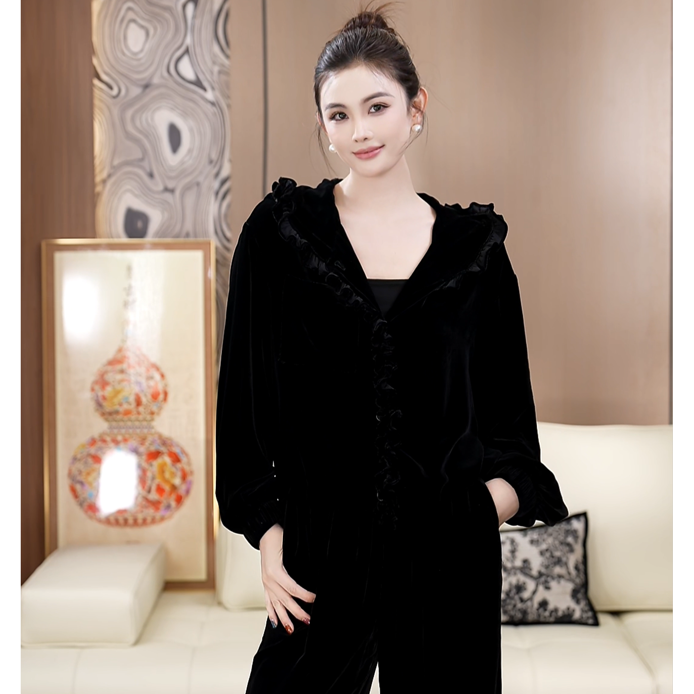 甜酷花边真丝丝绒连帽休闲通勤时尚百搭长袖外套A050955