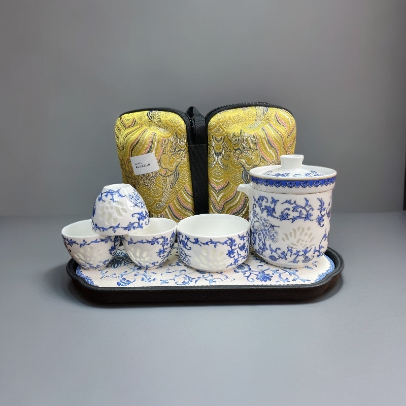 ZH4322-青花玲珑旅行套一壶四杯+茶盘(带包带茶巾)便携式复古
