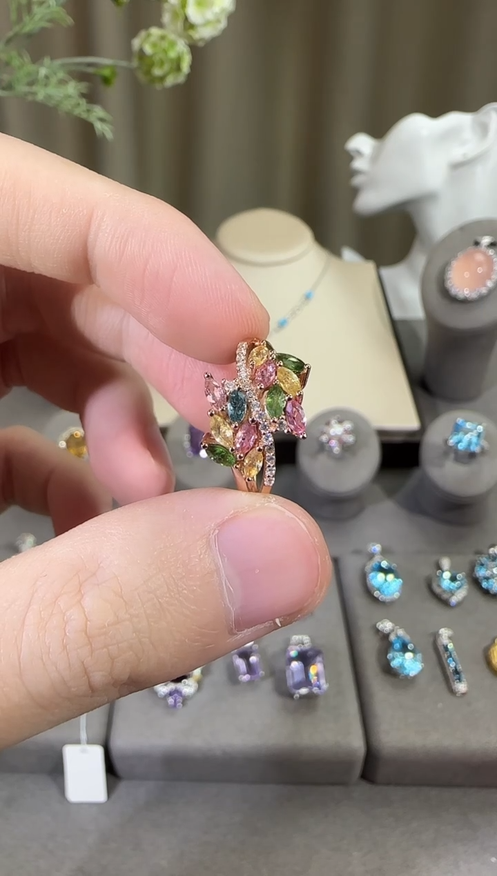 银S925镶嵌戒指碧玺3*5mm戒指麦穗设计款