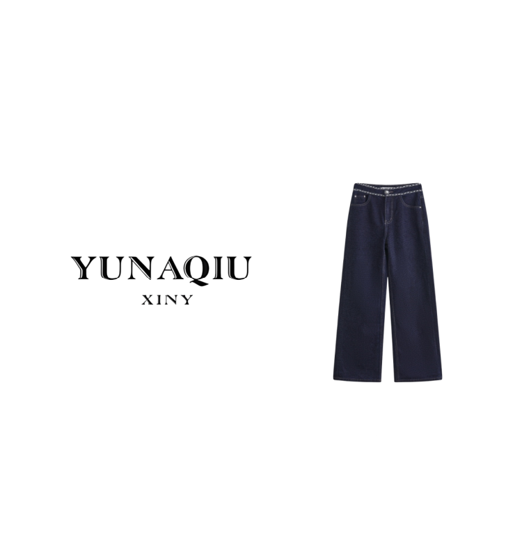 YUNAQIU-直筒设计感百搭藏蓝色牛仔裤-9388