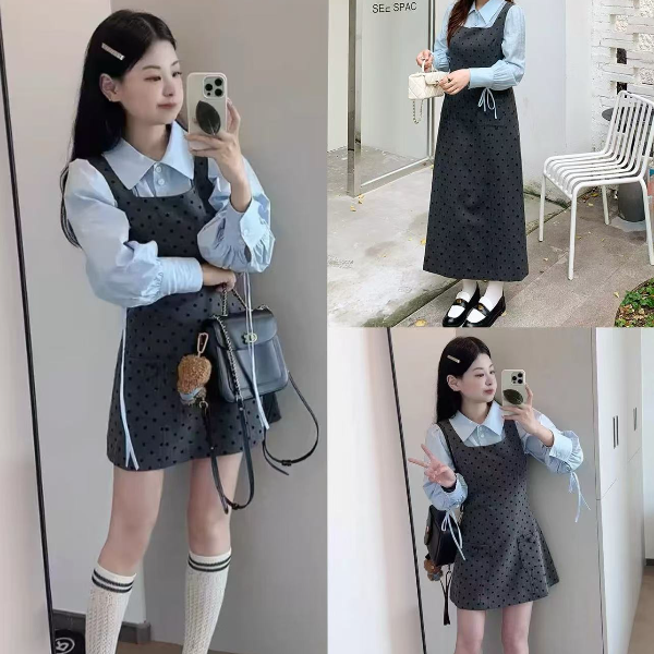 【无运费险】春季新款大码女装法式学院风设计感衬衫上衣波点裙套装