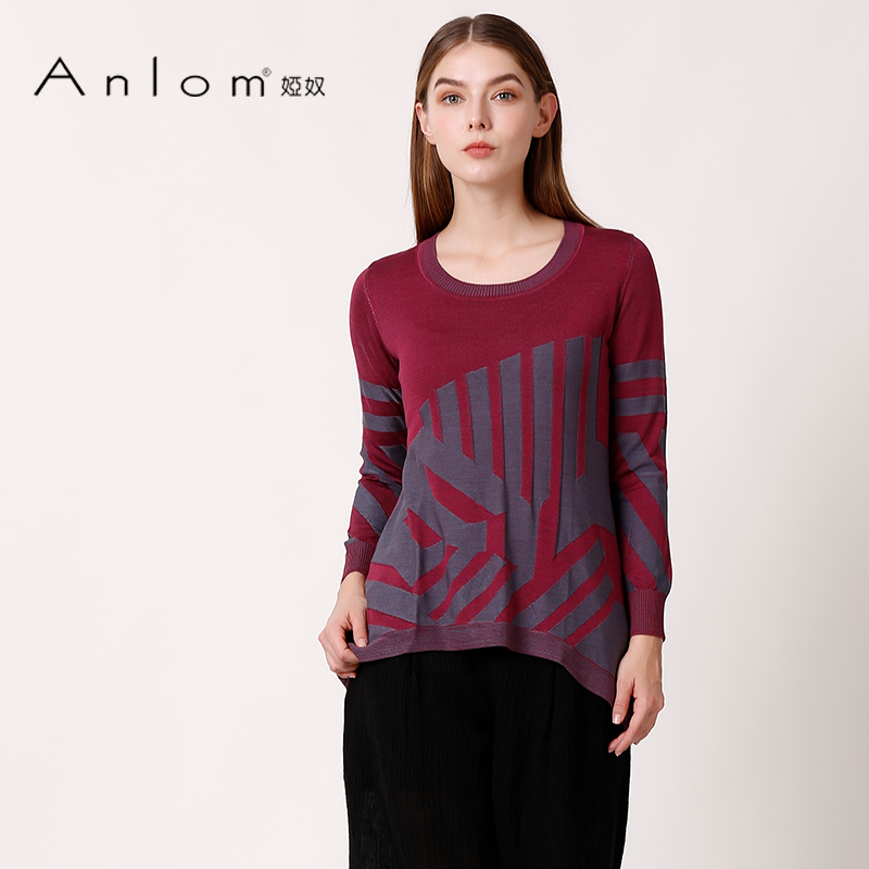 Anlom/娅奴新款女装秋季上衣拼色桑蚕丝针织衫女上衣宽松时尚女装