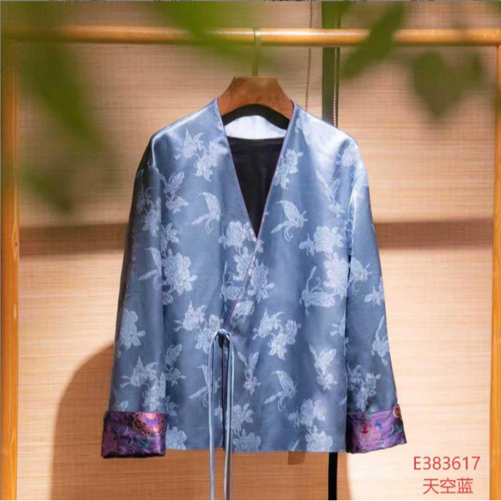 冠乐缎新中式国风桑蚕丝袖口撞色V领斜襟长袖上衣E-383617