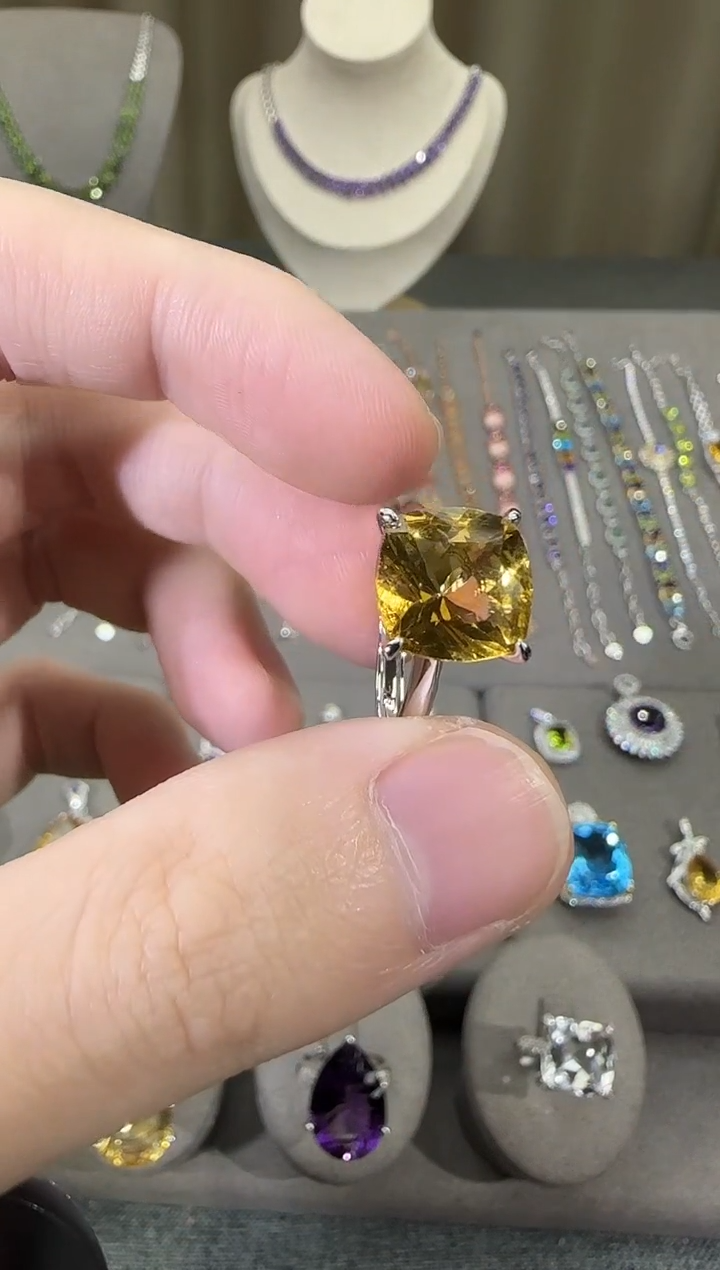 银S925镶嵌戒指黄晶11mm戒指简约款