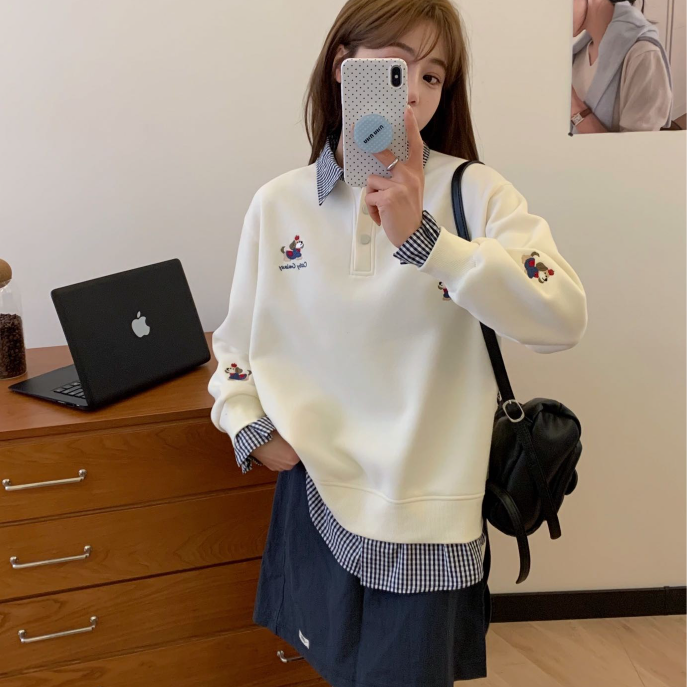 【乖乖女】早春新款小狗刺绣ins风长袖假两件卫衣百搭学院风-5CW016