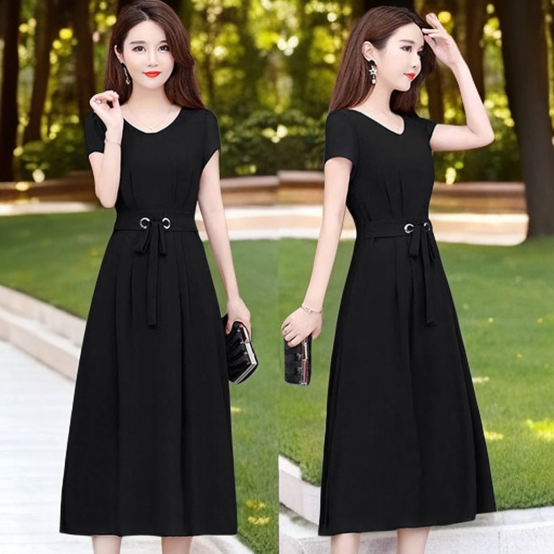 气质女士修身显瘦中长款短袖系带A字裙通勤晚宴场合女装