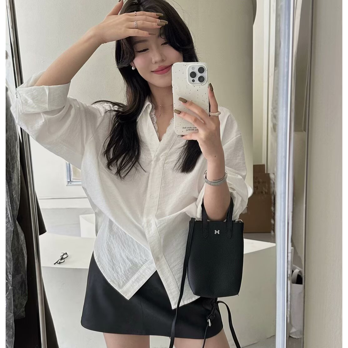 XQX9376蕾丝拼接POLO领长袖衬衫大码女装韩版气质休闲衬衣小众夏