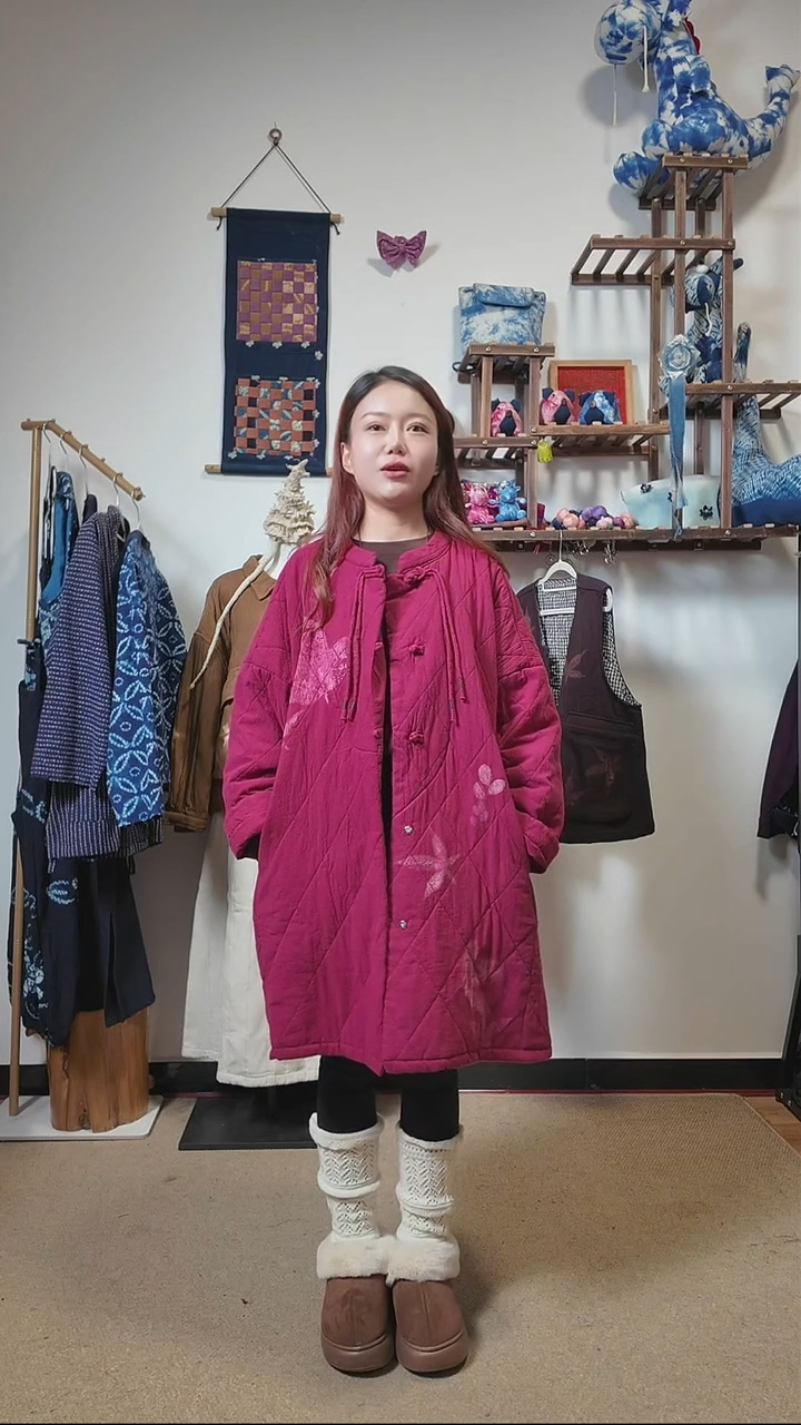 麻料植物染色植物热印版棉服长款外套