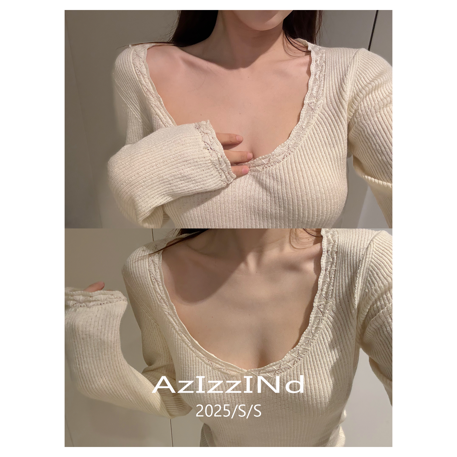 AzlzzlNd奶油娇娇/大领口性感气质显白显瘦修身长袖针织衫毛衣女