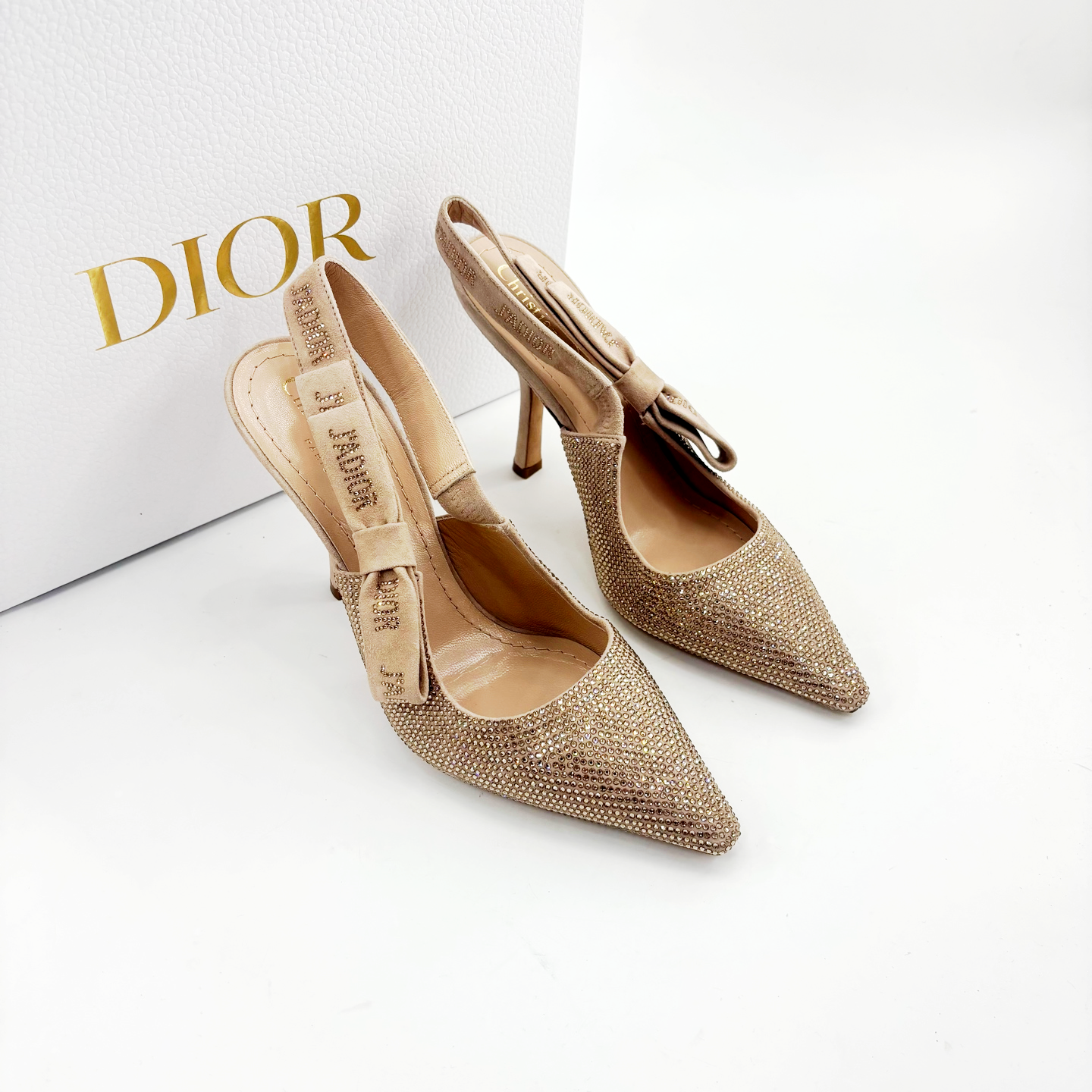 未使用 DIOR/迪奥 37码/时尚金色水钻标语高跟鞋/TT250593
