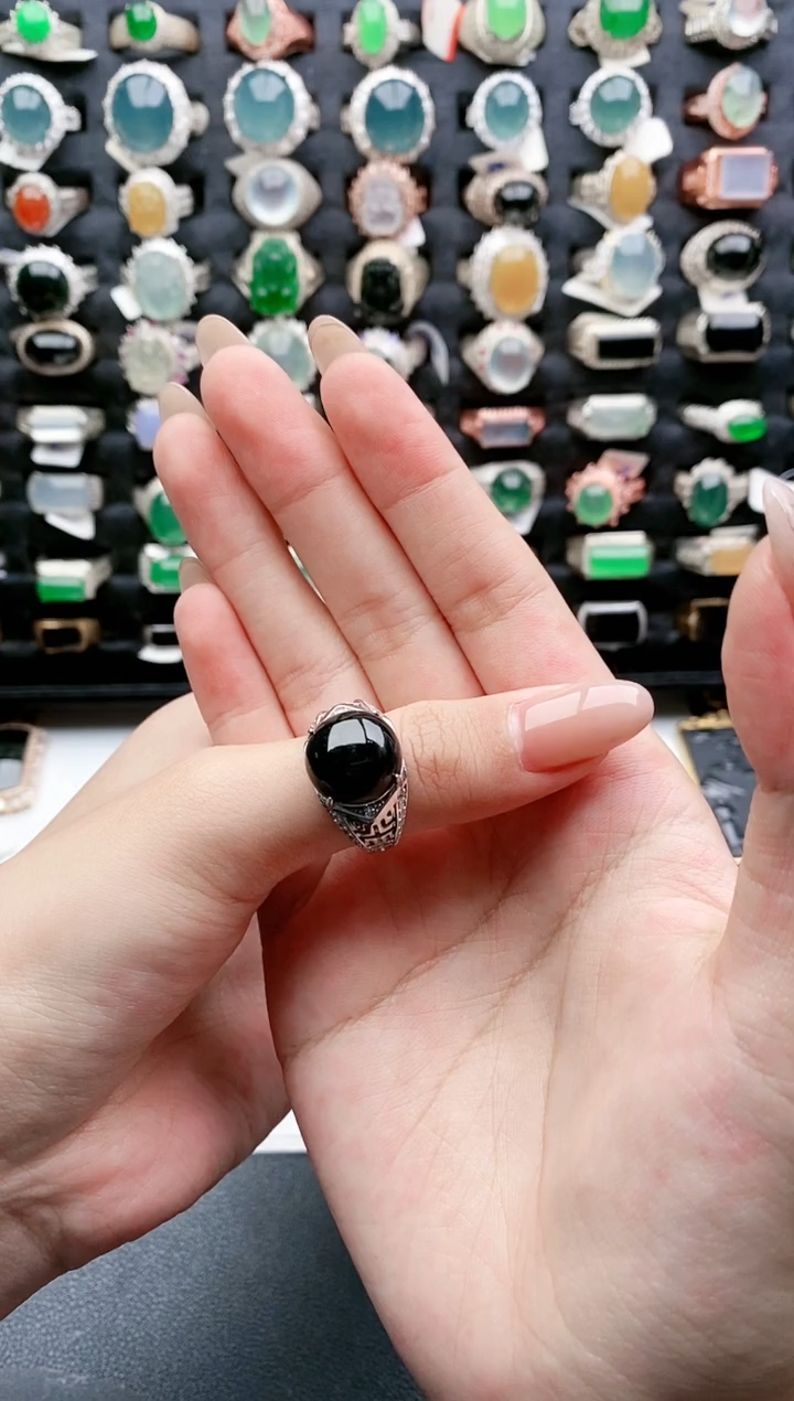 【闪购商品】翡翠戒指银S925镶嵌天然翡翠时尚男戒