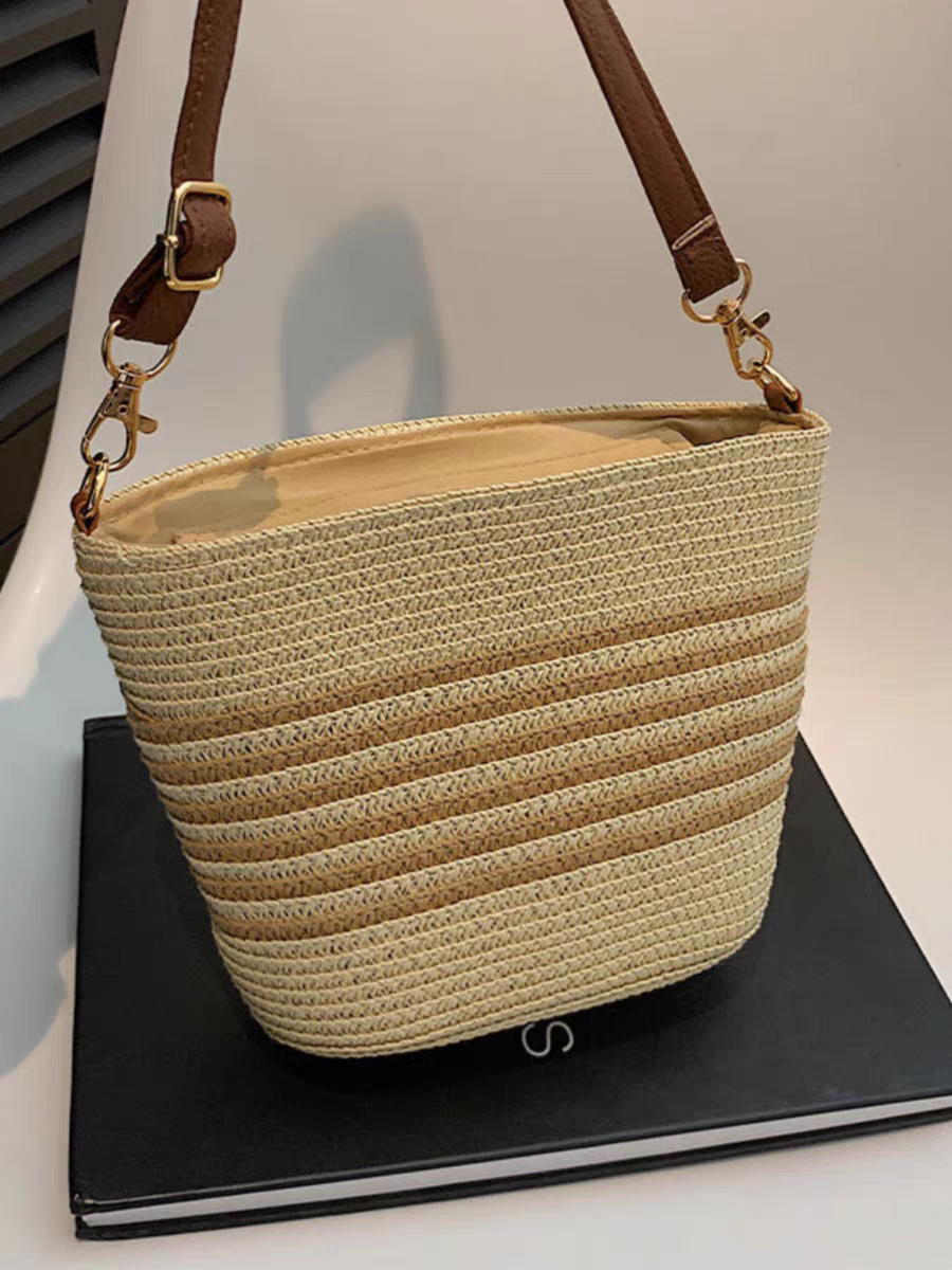 条纹编织日系水桶包女士ins风简约斜挎包单肩防刮