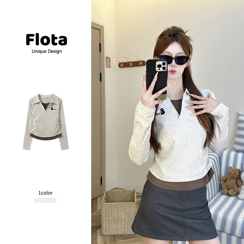 【flota】撞色假两件翻领刺绣收腰短款长袖秋季显瘦百搭上衣女2863