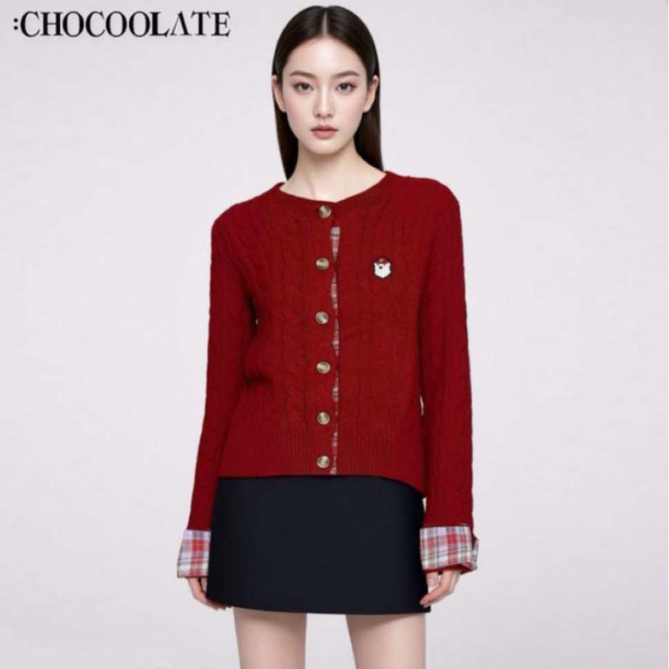it：CHOCOOLATE复古学院风撞色格纹拼接麻花保暖毛衣外套L027【DB】