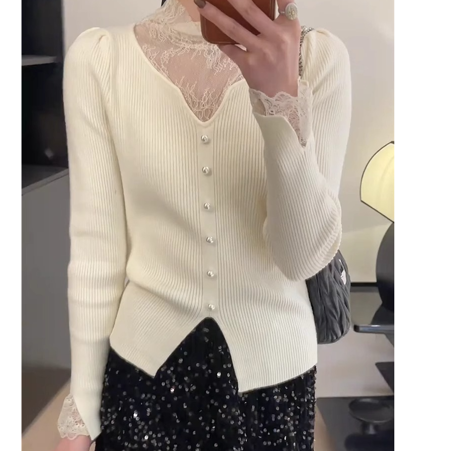 温柔风软糯半高领针织衫上衣女秋冬新款蕾丝拼接毛衣打底衫H2-45