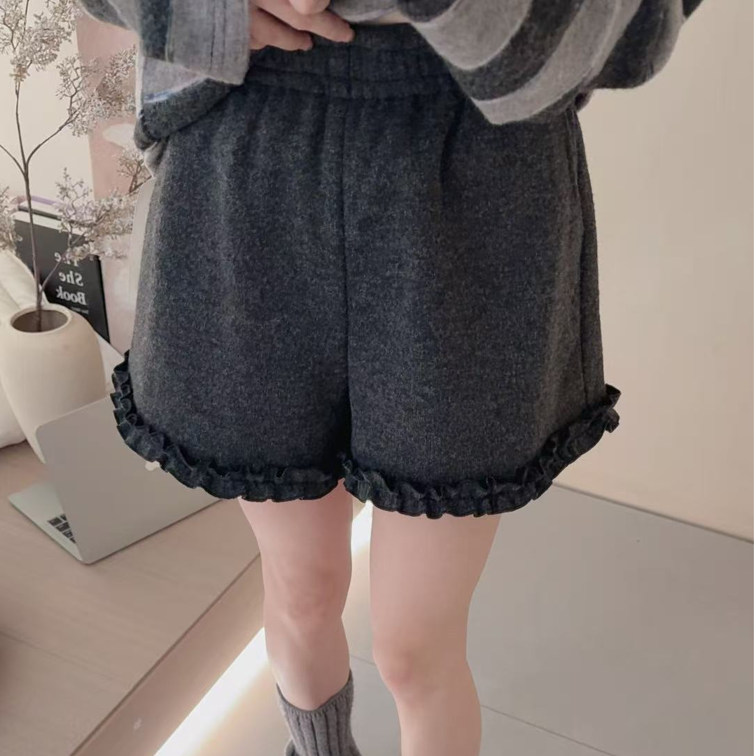 ouran 秋冬新款G1050百搭显瘦呢料花边短裤