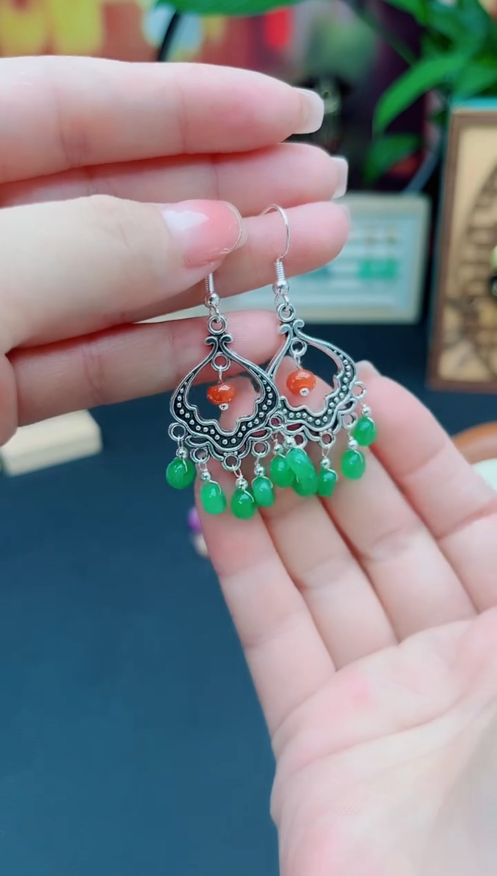 石英质玉（非洲翠）银S925镶嵌耳饰X174