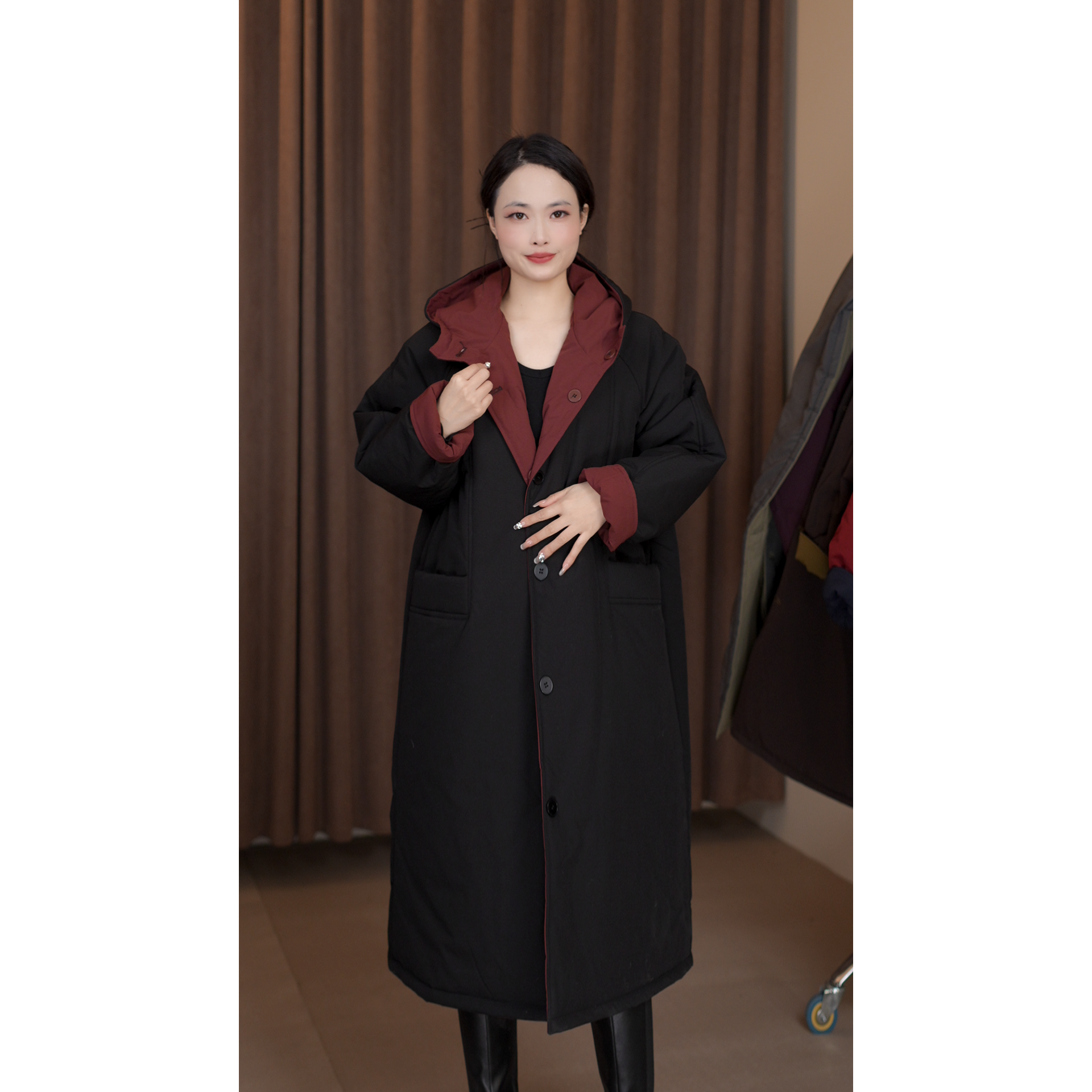 时尚新款连帽保暖棉衣冬季简约双面棉服长款气质休闲百搭棉服1002