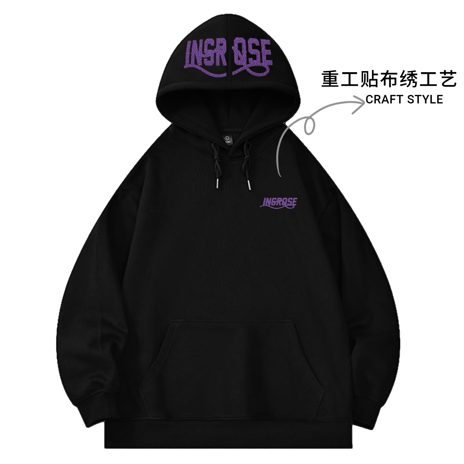 【现货-重工】潮牌贴布刺绣华棉400克连帽卫衣男女同秋冬卫衣-Q132