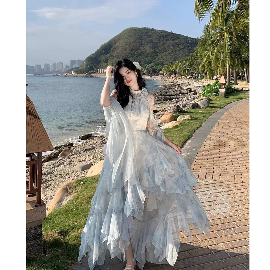 【现货】大码春夏温柔气质大摆仙女长裙显瘦雪纺开衫连衣裙子10994