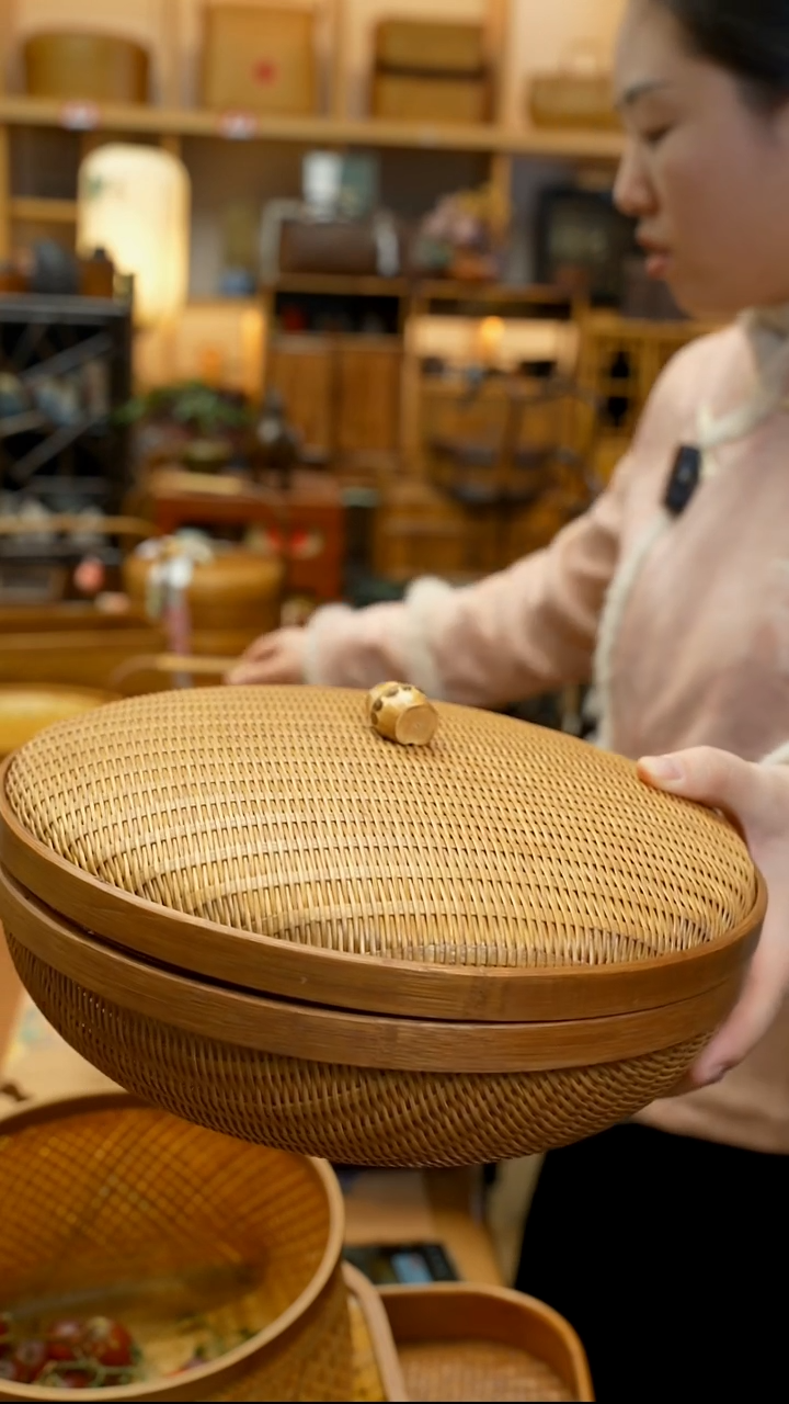 带盖馒头筐 竹编细丝