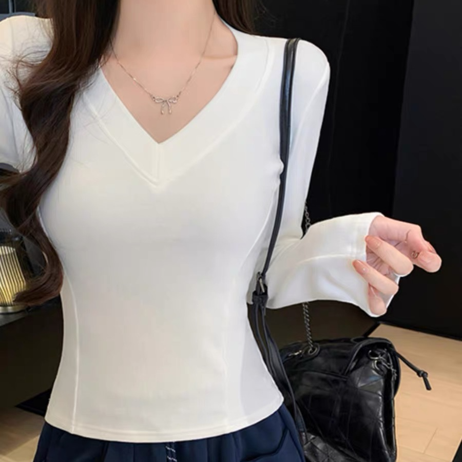 9023#简约基础短款修身v领长袖T恤女纯欲辣妹明线加厚打底衫上衣