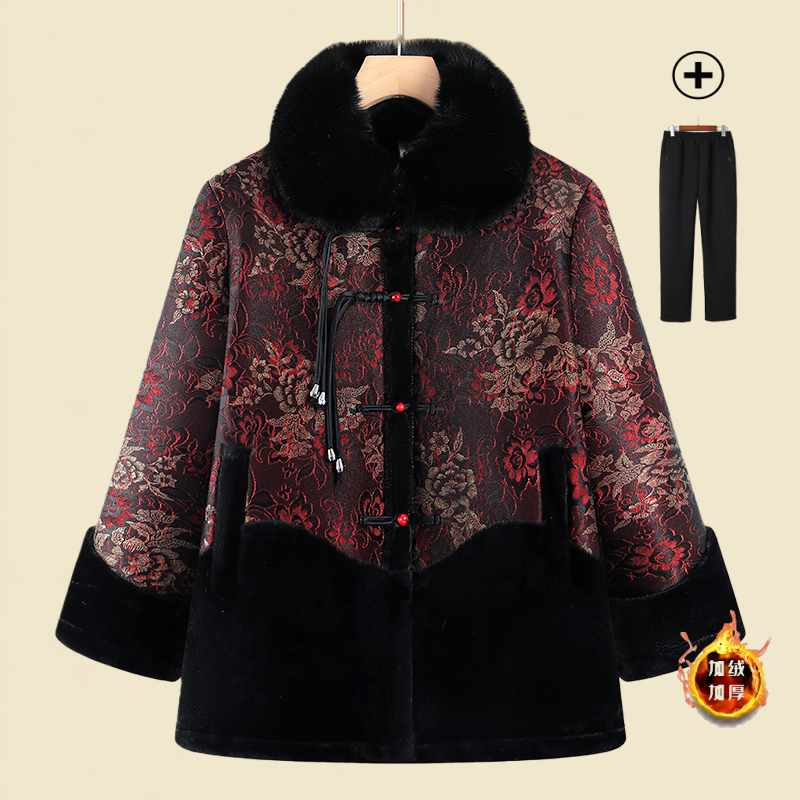 中老年人妈妈冬装外套加绒加厚毛领大衣仿皮毛一体奶奶装秋冬衣服