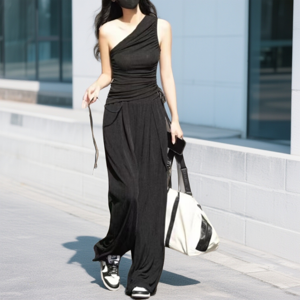 十三行露肩背心时尚套装休闲风静奢风冰丝料休闲无袖时尚性感