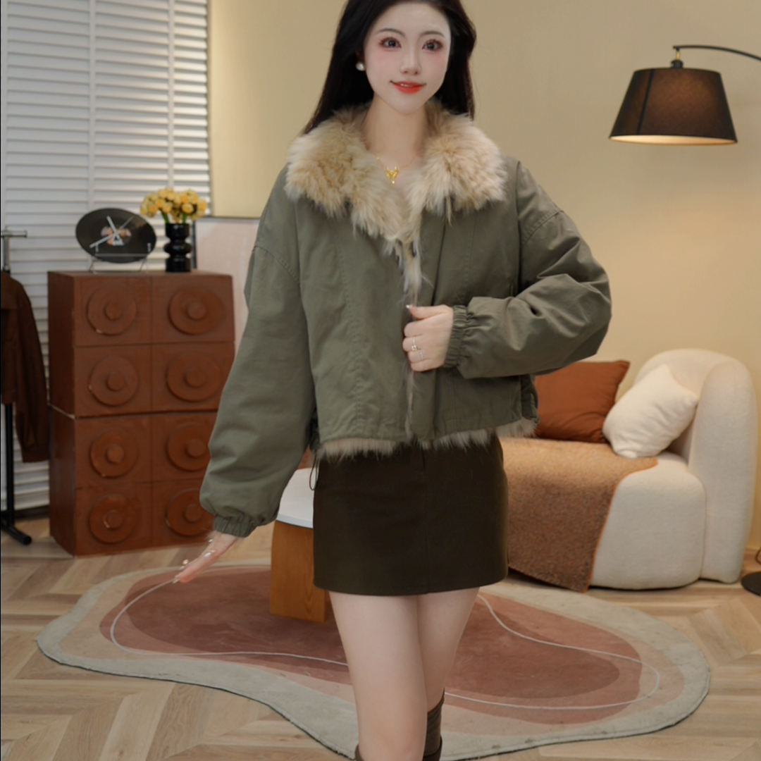 宽松型冬季上衣拼接常规复古港风短外套网红-122-恋恋-白色毛毛款