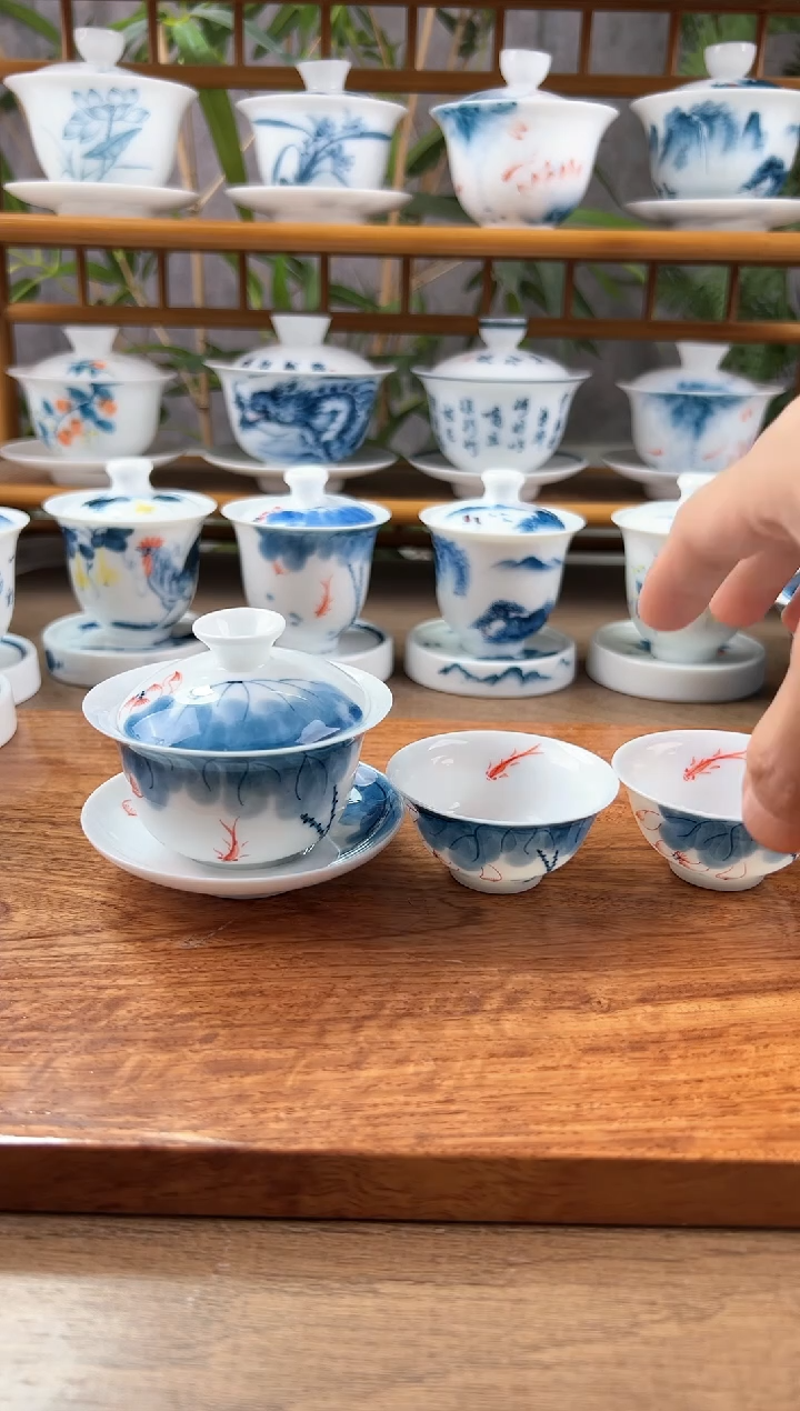 【闪购商品】微瑕线条莲80ml三才盖碗+小玉兰杯2个
