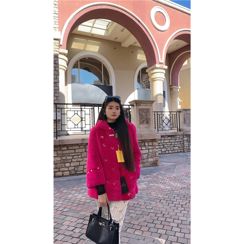 衣长65胸围110进口天鹅绒整貂水貂皮草外套重工钉珠蝴蝶结玫红色
