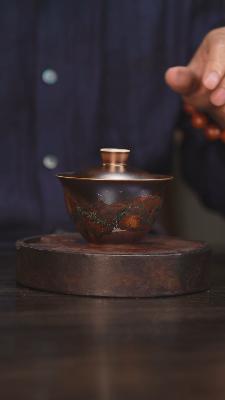 【闪购商品】杯97柴房陶瓷丨窑宝落灰山水绘画盖碗