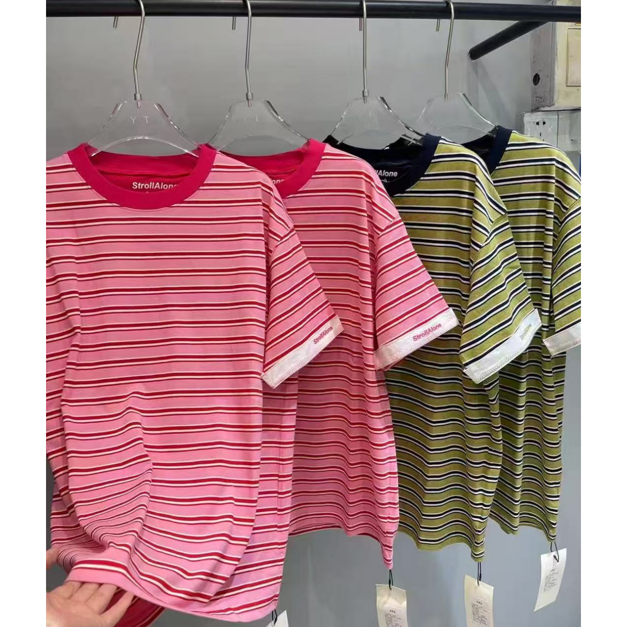 【打翻彩虹】100%棉~新款日系复古设计感彩色条纹短袖T恤上衣88136