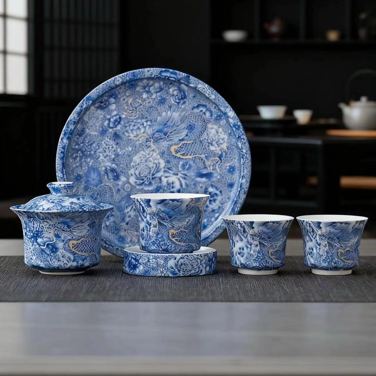 掐金丝龙纹悬停盖碗套组陶瓷功夫茶具家用高档单杯泡茶碗茶杯套装