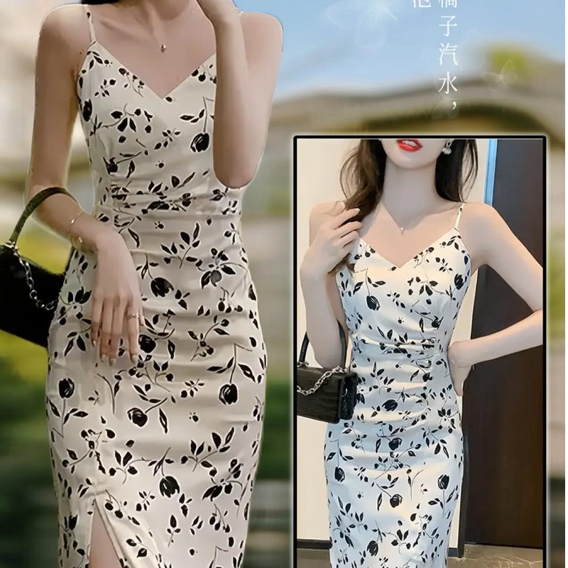2025开春吊带连衣裙碎花显瘦时尚法式开叉修身设计感名媛小众