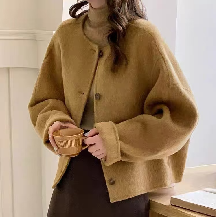 毛呢外套宽松蝙蝠袖圆领气质秋冬小香风双面呢短款女8808