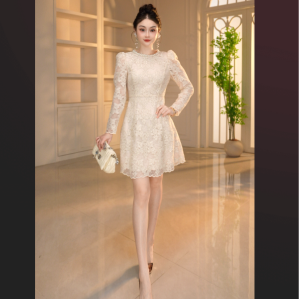 【显瘦定制】气质小个子轻奢显瘦复古连衣裙宫廷风蕾丝优雅45372