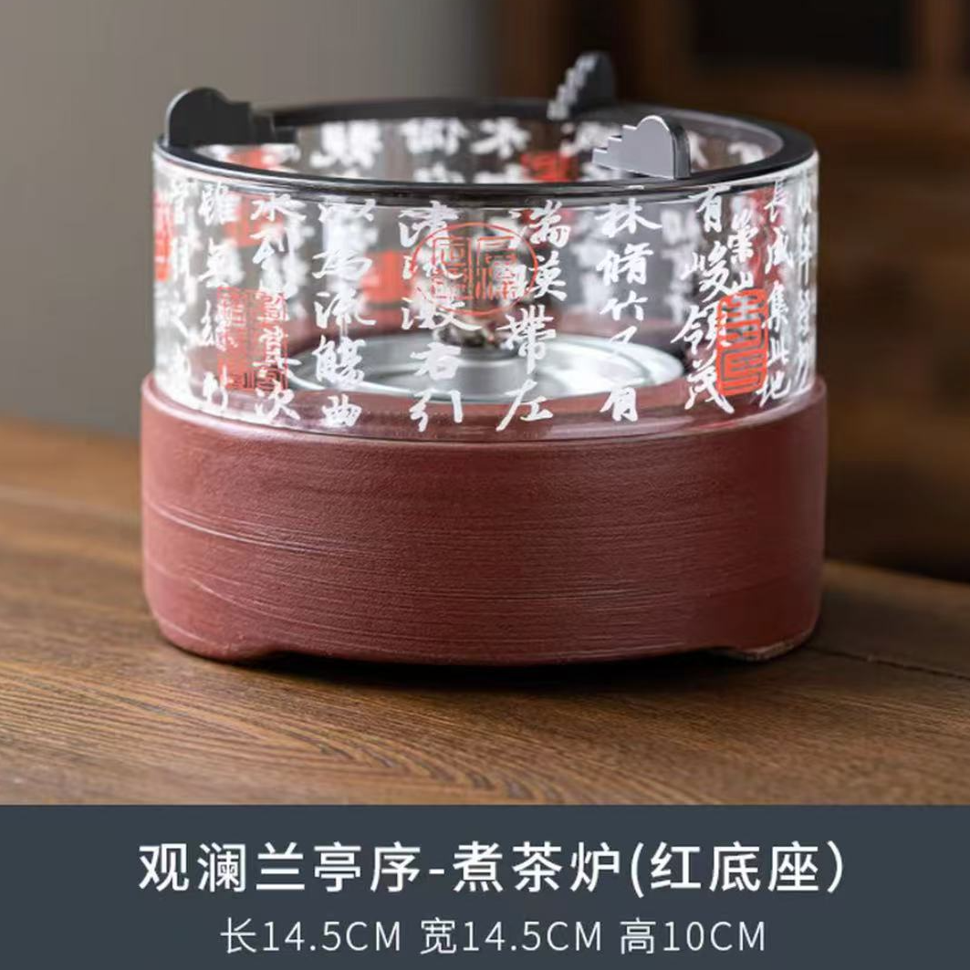 JS0882千里江山,兰亭序图温茶器中式家用（枣红，黑）煮茶炉茶具