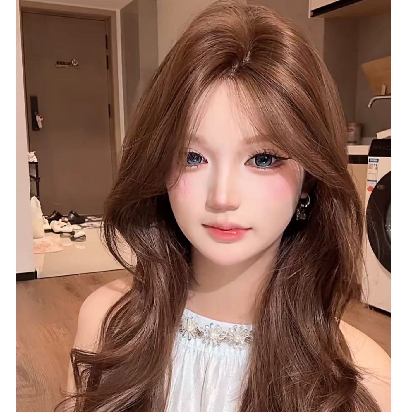 618福利巧克力色中分长卷发全头套假发日常自然