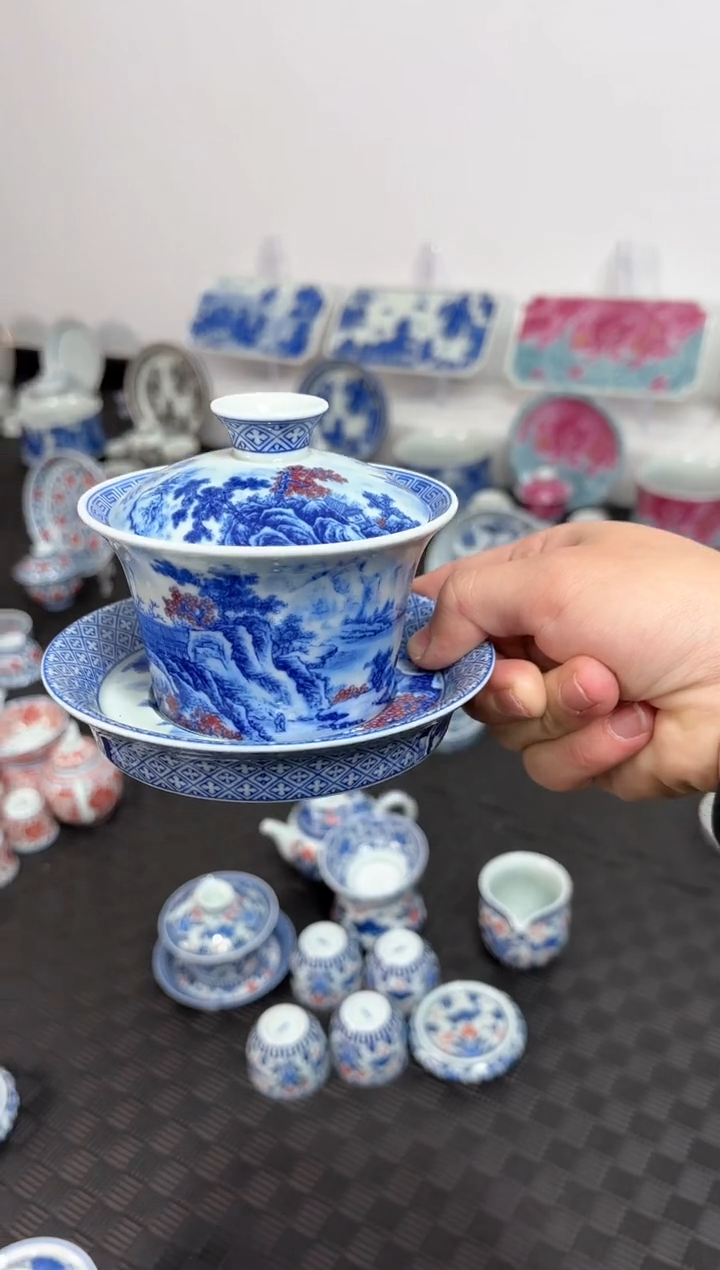 其他瓷玉*风景德镇陶瓷茶具清流圣境马蹄盖碗