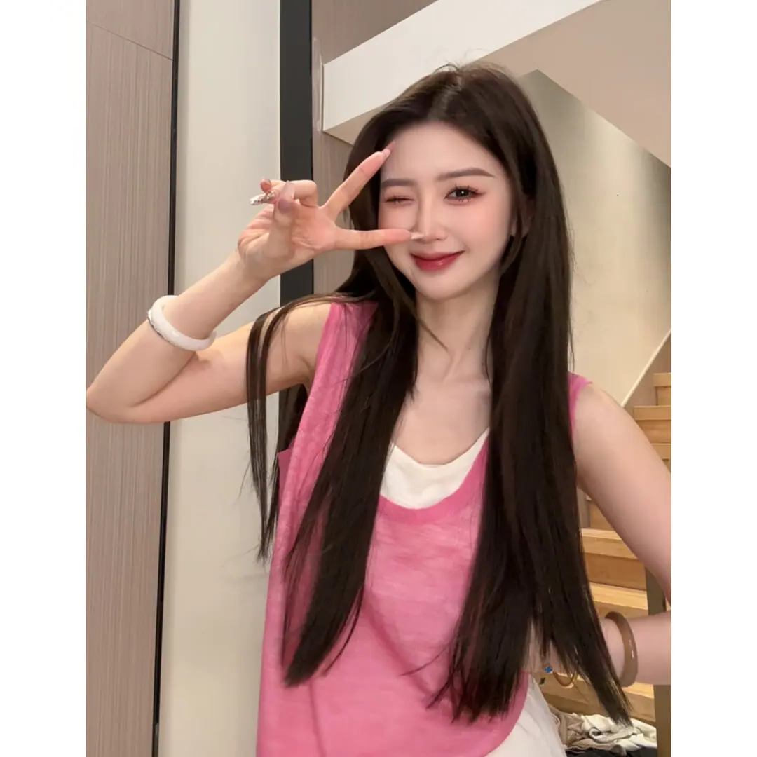 韩系时尚显白假两件拼接无袖背心女2025夏季新款撞色拼接减龄上衣