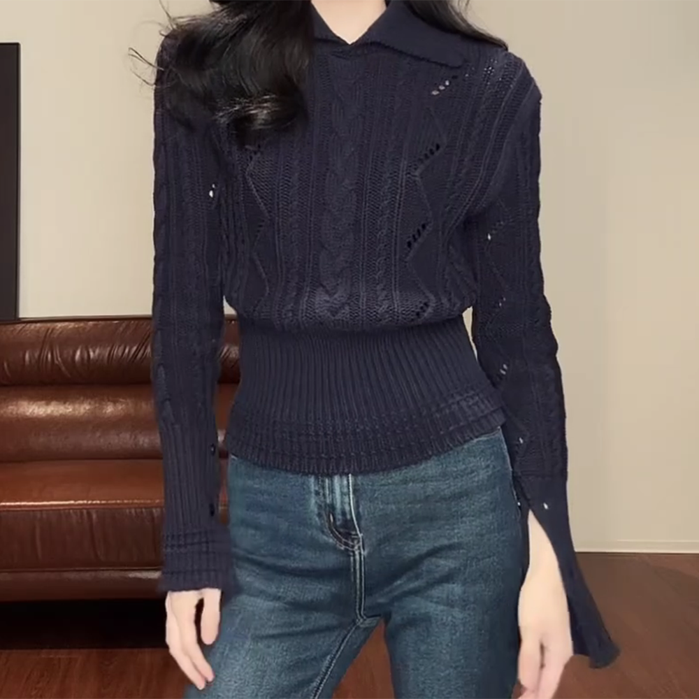 新款针织翻领麻花下摆收腰显瘦百搭显瘦上衣长袖修身毛衣女C6222