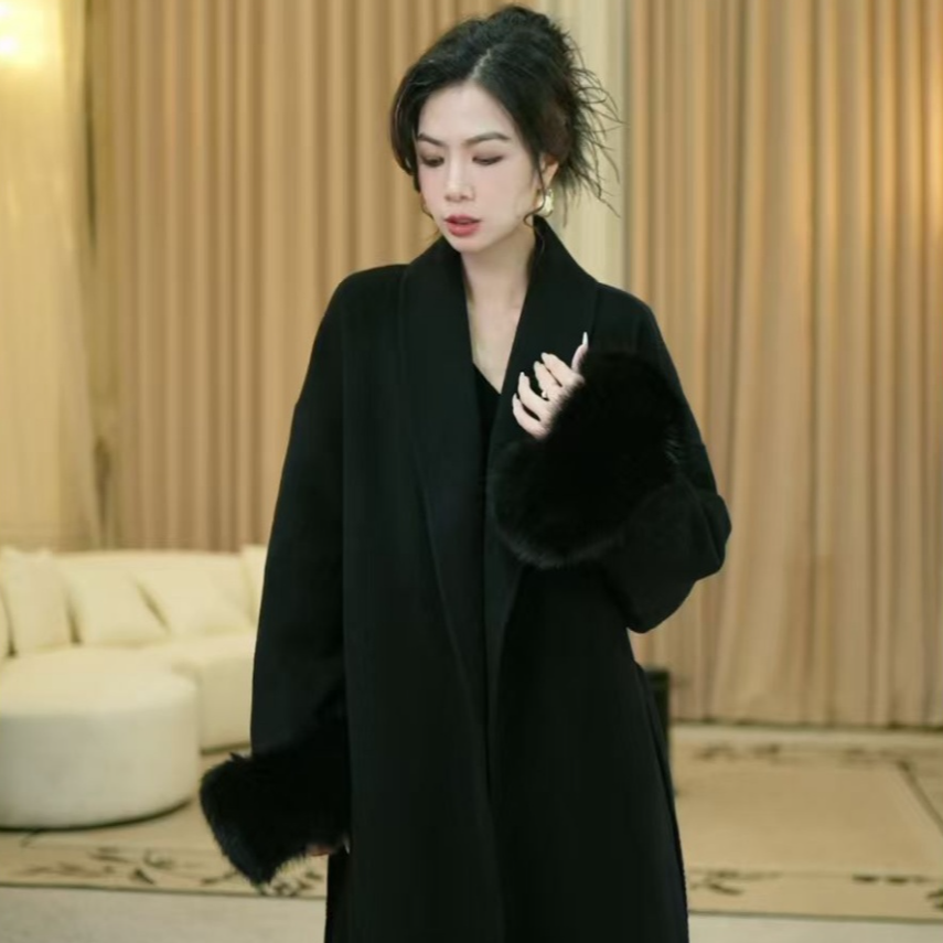 宝儿姐LEMONDISIN贵气极简蓬松毛流感优雅气质时尚长款双面呢大衣
