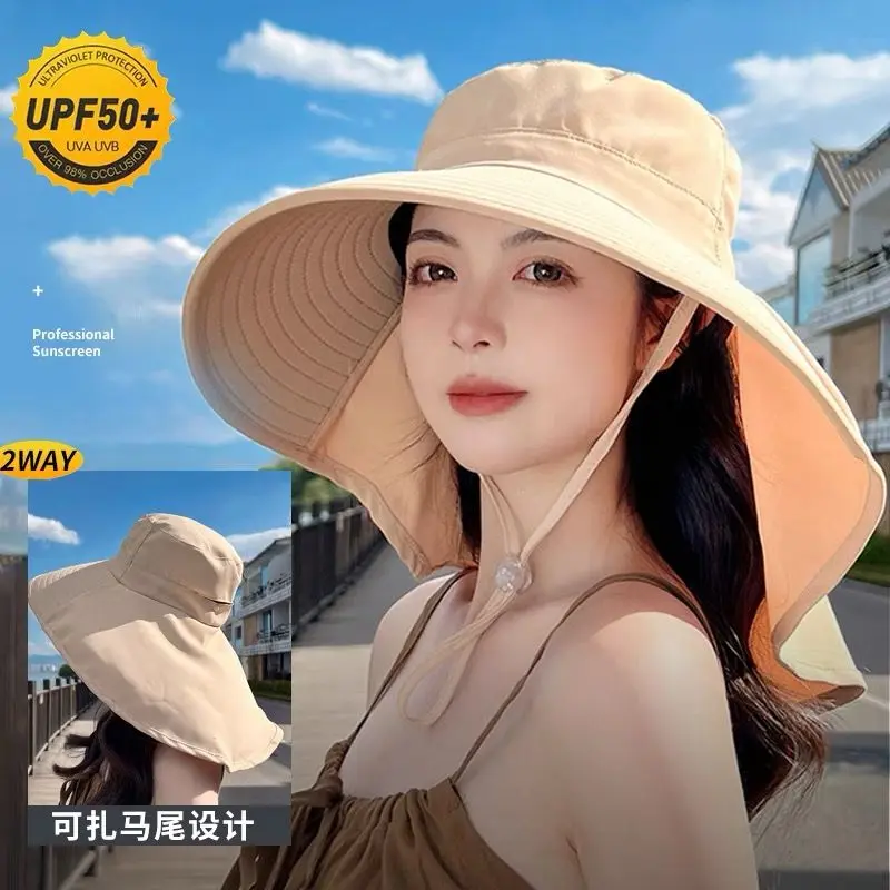 大帽檐可扎马尾披肩帽新款防紫外线夏天户外骑行遮阳帽女士沙滩帽