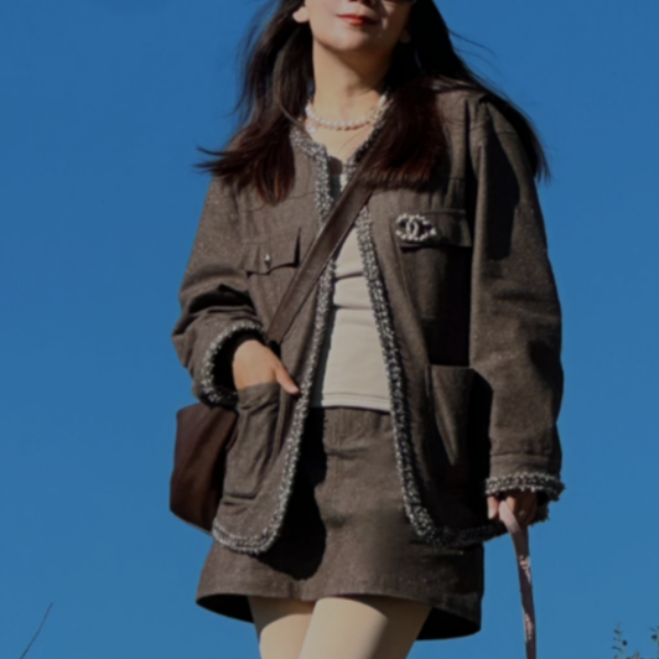 ANSU O-复古绿咖色麻感编织小香外套