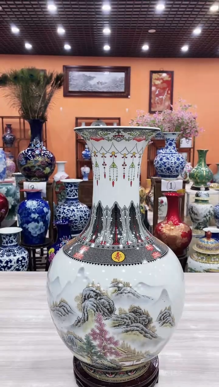 摆件灰色珐琅彩宁静致远赏瓶46*26+旋转底座